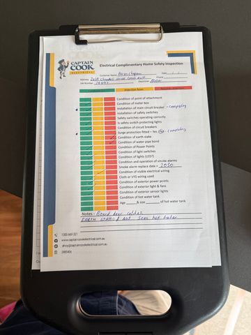 Captain Cook Electrical Home Safety Inspection checklist on a clipboard.